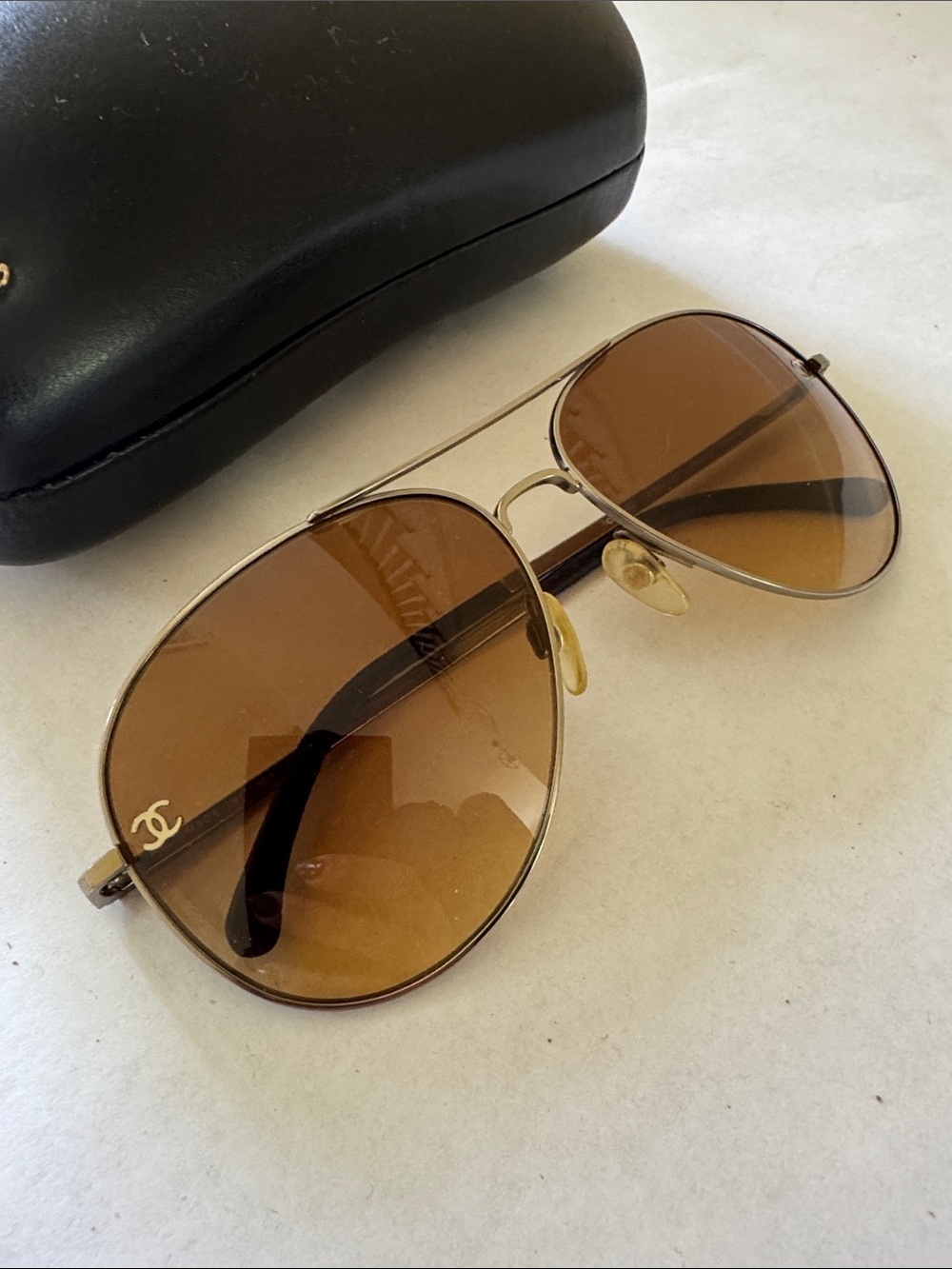 Chanel aviator sunglasses with light brown lens and hard case. - Picture 2 of 5